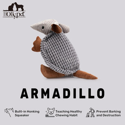 Hollypet Plush Dog Squeaky Toy Stuffed Armadillo Animal Pet Puppy Chew Toys with Clean Teeth for Small Medium Large All Breed Sizes Dogs, Dark Gray, 10 in