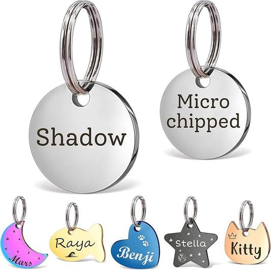 Anavia Small Size Dog Cat ID Tags, Small/XS Personalized Color Plated Stainless Steel Puppy Kitten Name Tags, Customized Engraved Nameplate Pet Collar Tag (Silver, XS-Round)