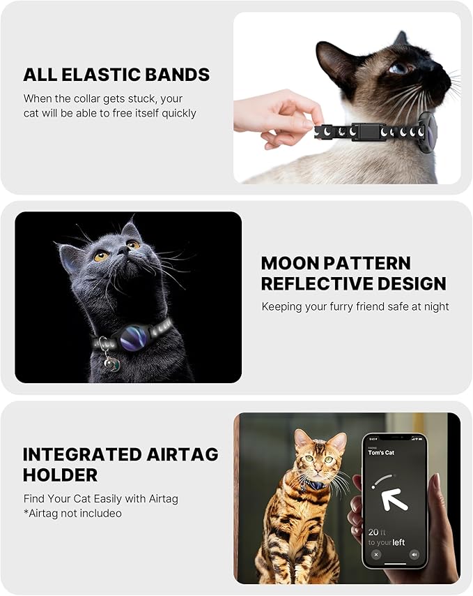 Cat Collar with Airtag Holder, Breakaway Airtag Cat Collar for Apple Air Tag with Luminous & Reflective Pattern, Waterproof GPS Cat Tracker Collars for Boy Girl Cats Kittens with Bell, Black (8-12")