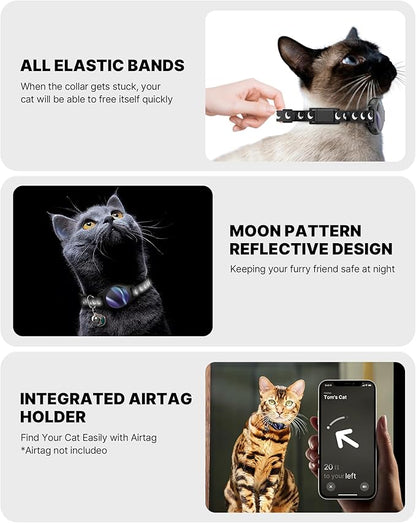 Cat Collar with Airtag Holder, Breakaway Airtag Cat Collar for Apple Air Tag with Luminous & Reflective Pattern, Waterproof GPS Cat Tracker Collars for Boy Girl Cats Kittens with Bell, Black (8-12")
