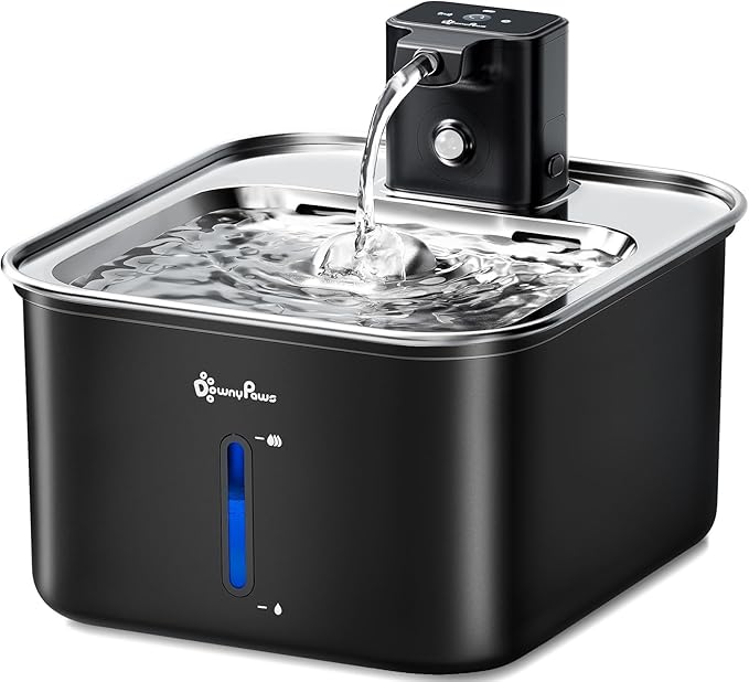 DownyPaws Cat Water Fountain Stainless Steel Cordless, 101 oz/3L FurSink Wireless Cat Water Dispenser for Pets, Battery Operated Pet Drinking Fountain with Motion Sensor, Easy Clean, Black