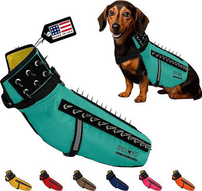 CoyoteVest Dog Harness Protection Vest, Reflective Dog Accessories with Spikes to Shield Your Pet from Raptor and Animal Attacks, Proudly Made in America (Medium, Turquoise)