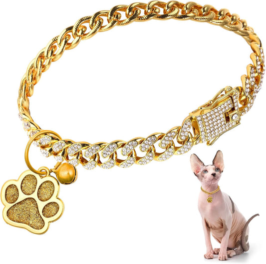 Hillban Cat Collar Diamond Chain Glitter Collar Walking Metal with Secure Buckle Cat Pet Necklace with Paw Charm and ID Tag Bell Link Cuban Jewelry Accessories(8 Inch,Gold)