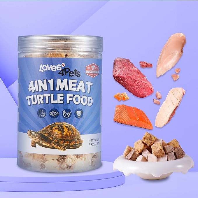 Freeze-Dried Turtle Food – 4 in 1 Chicken, Duck, Salmon, Beef – Treats for Aquatic, Box & Baby Species, Cats & Dogs – Real Human-Grade Meat