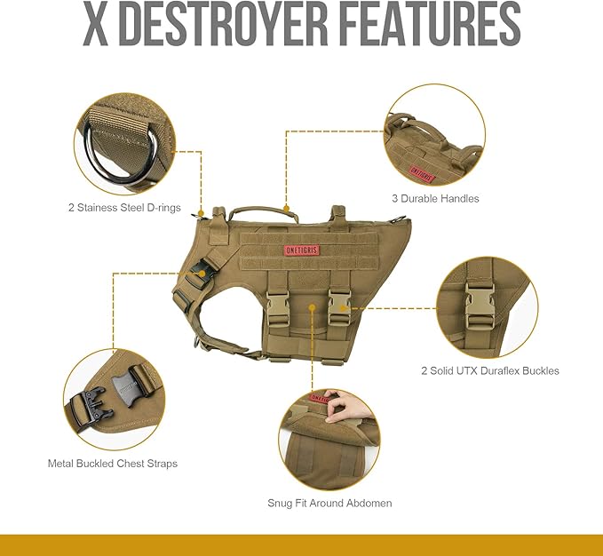 OneTigris Large Tactical Dog Harness, No Pulling Adjustable Dog Vest Harness, Heavy Duty Dog Harness with Handle, Large Hook and Loop Panels for Patch(Brown,S)