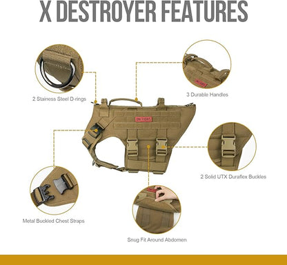 OneTigris Large Tactical Dog Harness, No Pulling Adjustable Dog Vest Harness, Heavy Duty Dog Harness with Handle, Large Hook and Loop Panels for Patch Brown