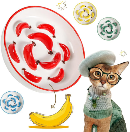 Ceramic Cat Slow Feeder Bowl - Vibrant Cat Feeding Bowl - Cute Maze Food Dish for Slow Eating - Dishwasher Safe - 6.3''W x 1.2''H - 7 OZ - Red