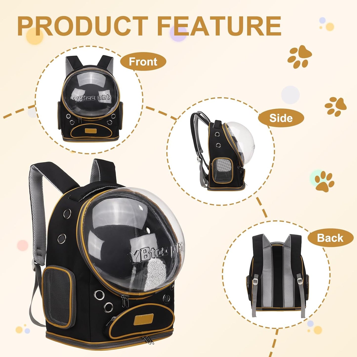 Pet Backpack Carrier, Portable and Ventilated, Oxford Cloth, Dog Cat Travel Bag with Transparent Cover 12.6", (Black, 1 Pcs), Intended for Hiking/Camping/Traveling
