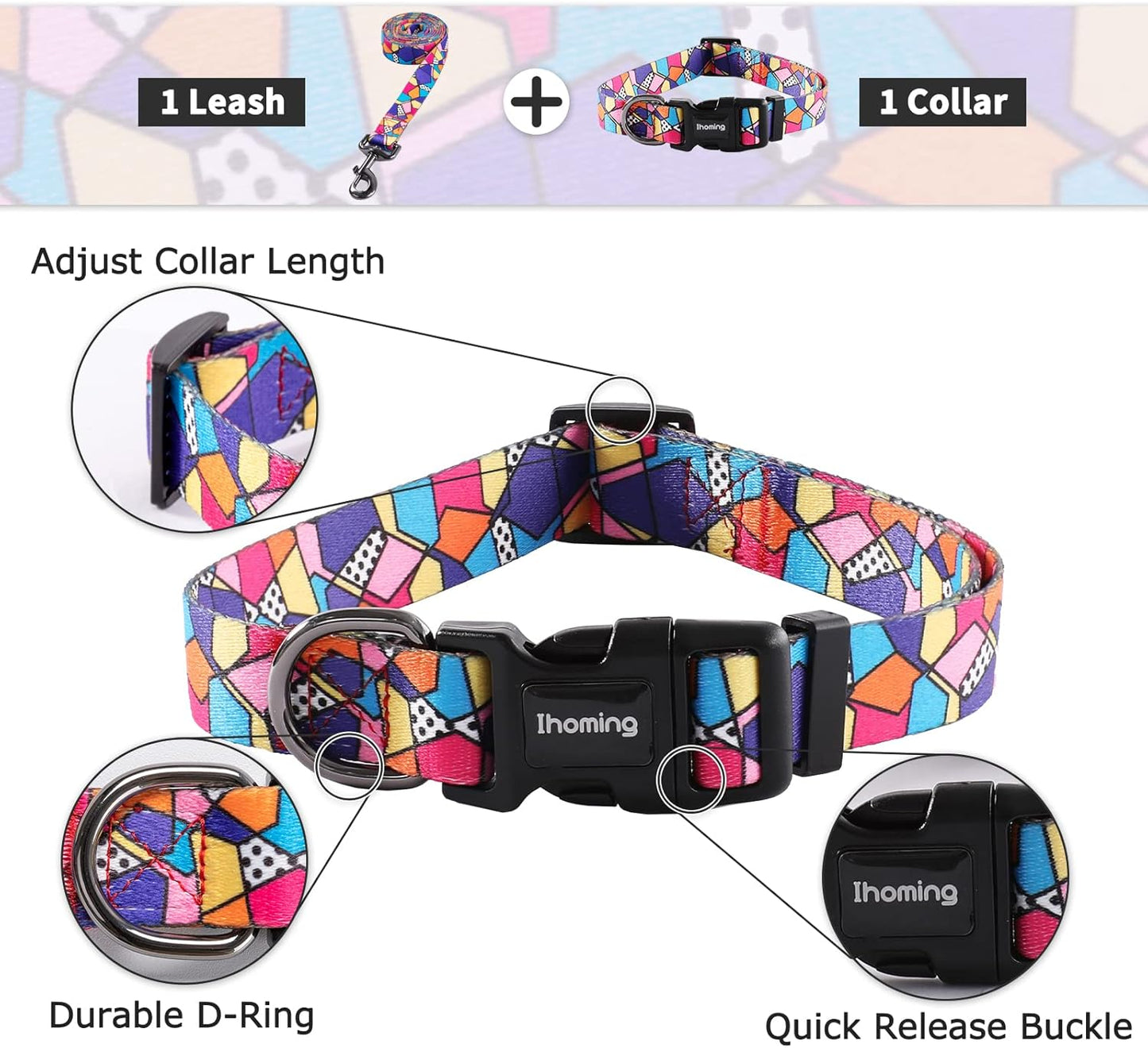 Ihoming Dog Collar and Leash Set for Daily Outdoor Walking Running Training, Geometric Design for Large Boys Girls Dogs Cats Pets, L-Up to 80LBS