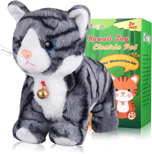 Pattern Gray Robotic Cat Toy for Kid That Move and Meow Purrs Touch Control Kitten Toys Animated Realistic Kitty Toys Kitten Robot Toy for Halloween Birthday H:12"