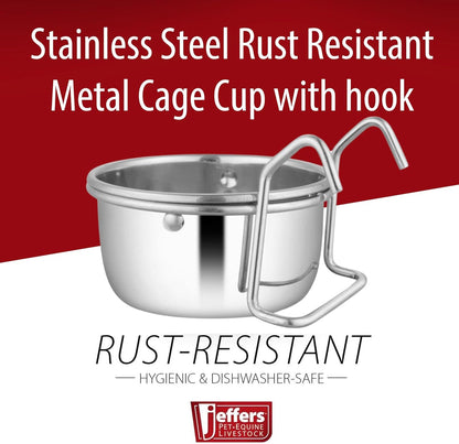 Jeffers Pet Stainless Steel Cage Cup Pet Feeder with Hooks for Birds, Rabbits, Ferrets, Kittens & Small Animals – Hanging Food Water Bowl Dish for Cages, Crates, Kennels - Dishwasher Safe - 10 oz