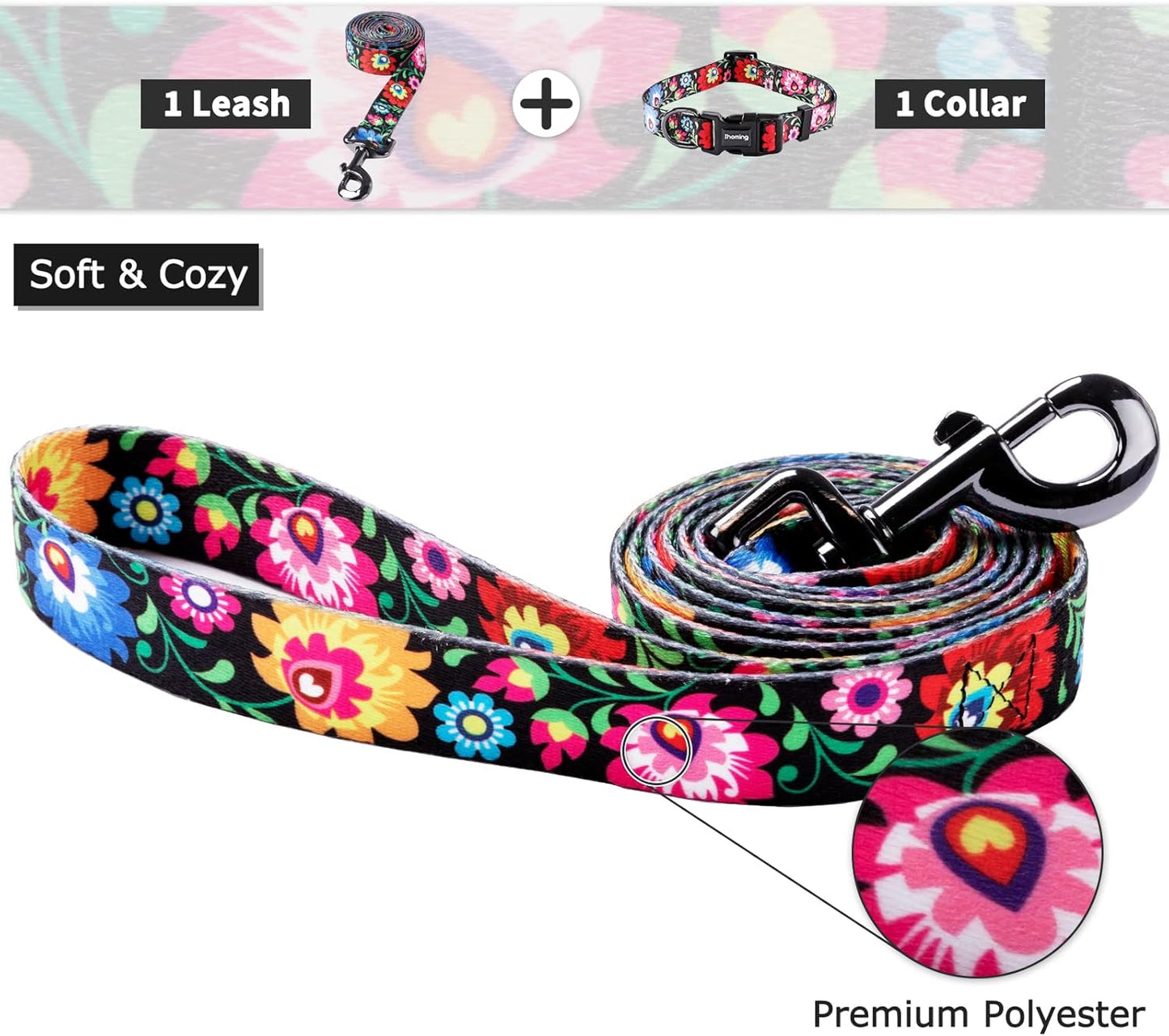 Ihoming Puppy Collar and Leash Set for Daily Outdoor Walking Running Training, Black Colorful Flowers Design for Extra Small Boys Girls Dogs Cats Pets, XS-Up to 10LBS