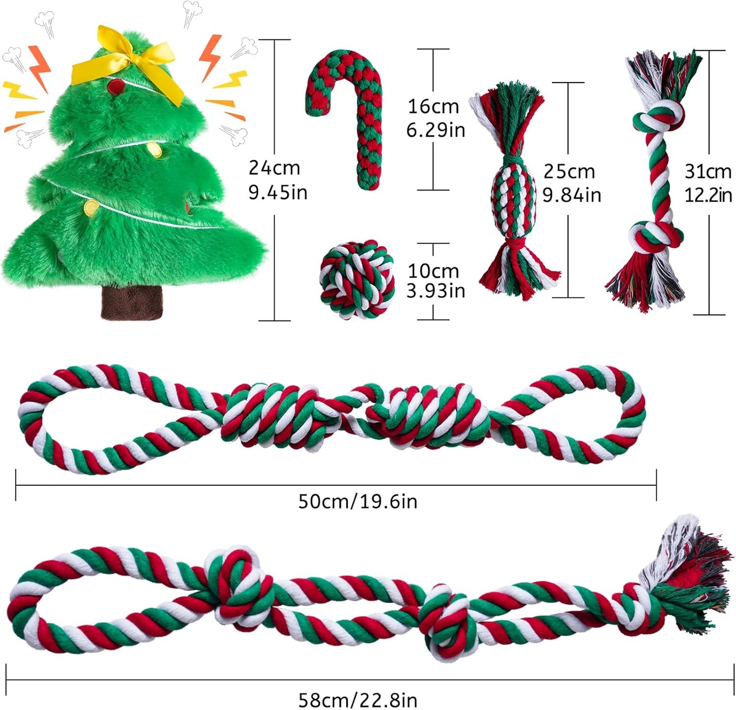 Aitmexcn Christmas Dog Rope Toys Set, 7 Pack Cotton Dog Toys for Large Dogs and Medium Small, Cute Interactive Squeaky Toy, Chewing Puppy Gaming Toy for Teeth Cleaning