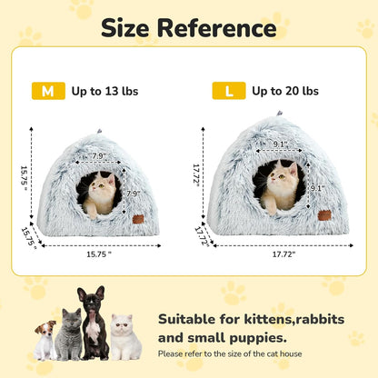 CATISM Cat Beds for Indoor Cats 2 in 1 Cat Bed Cave Machine Washable Fluffy Cat Cave Bed Foldable Non-Slip Washable Cushioned Pillow Soft Plush Premium Cotton Pet Bed for Kittens and Small Dogs Gray L