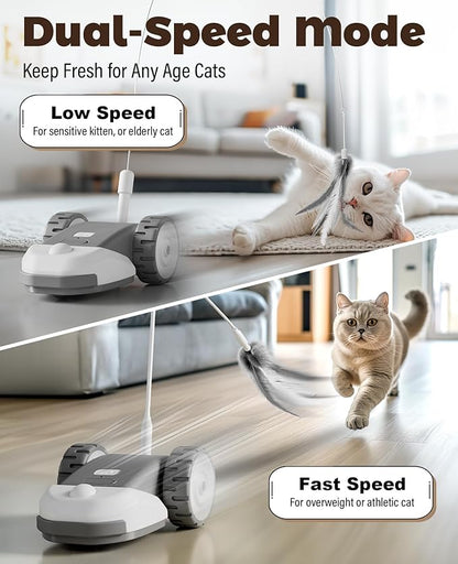 CYROS 3-in-1 Interactive Cat Toy - 2-Speed Automatic Moving Mouse Cat Toys Self Play with 2pcs Hanging Feather String Ribbon and Wiggly Silicone Mice Tail for Bored Indoor Adult Cats Kittens