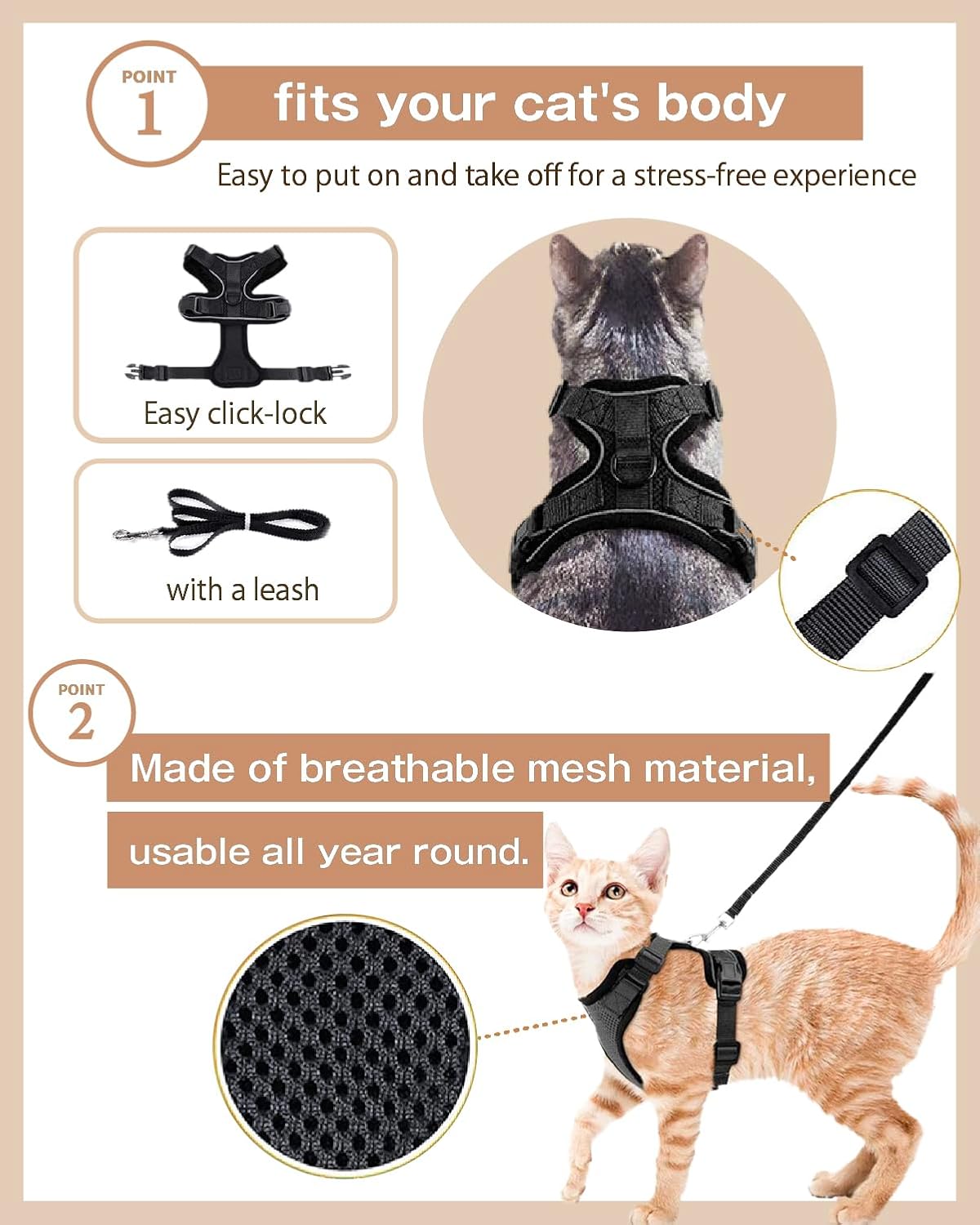 Cat Harness Escape Proof with Leash for Walking, Travel Vest Soft Chest Support, Adjustable Size, Escape Proof Soft Adjustable Vest Harnesses, Breathable, Kittens, Small Dogs (美/背縄/黒2/S)