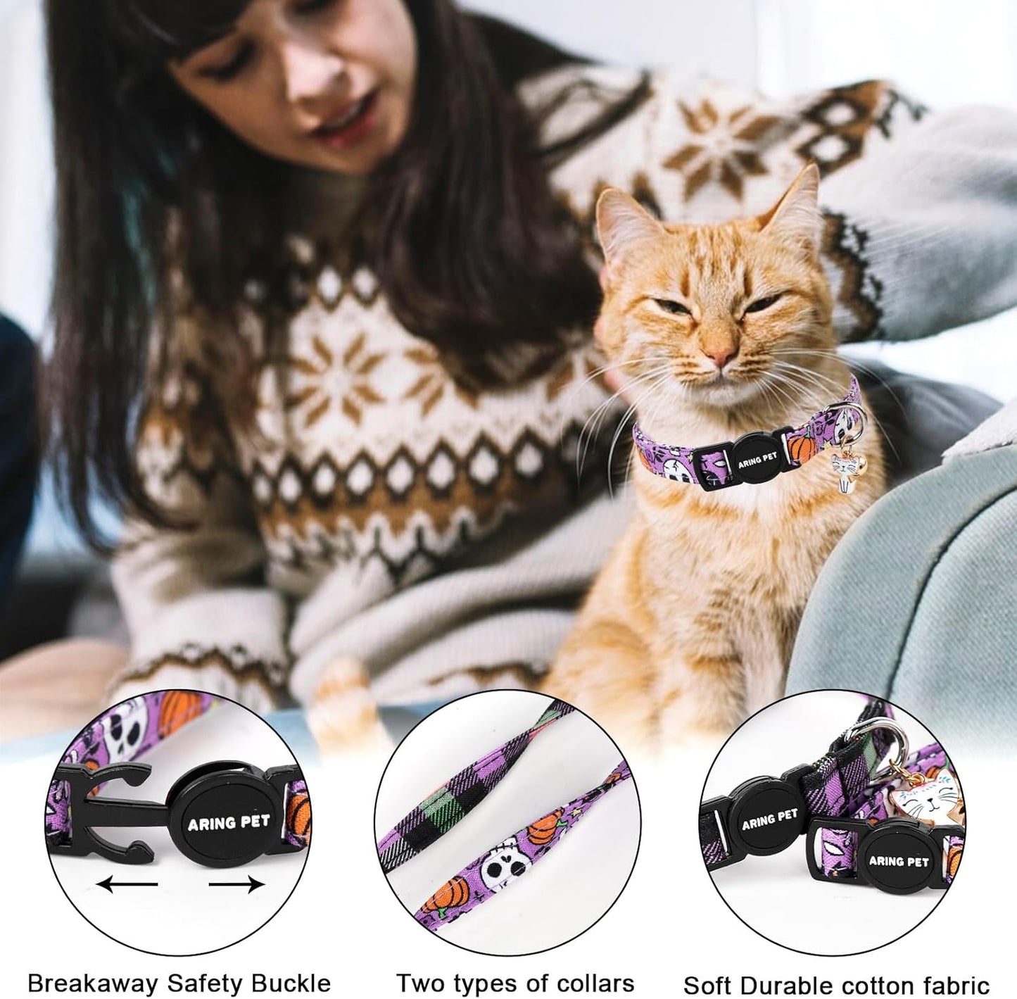 ARING PET 2 Pack Cat Collars-Cute Cat Collar Breakaway with Bell & Pendant, Adjustable Purple Halloween Kitten Collars with Safety Buckle for Girl and Boy Cats