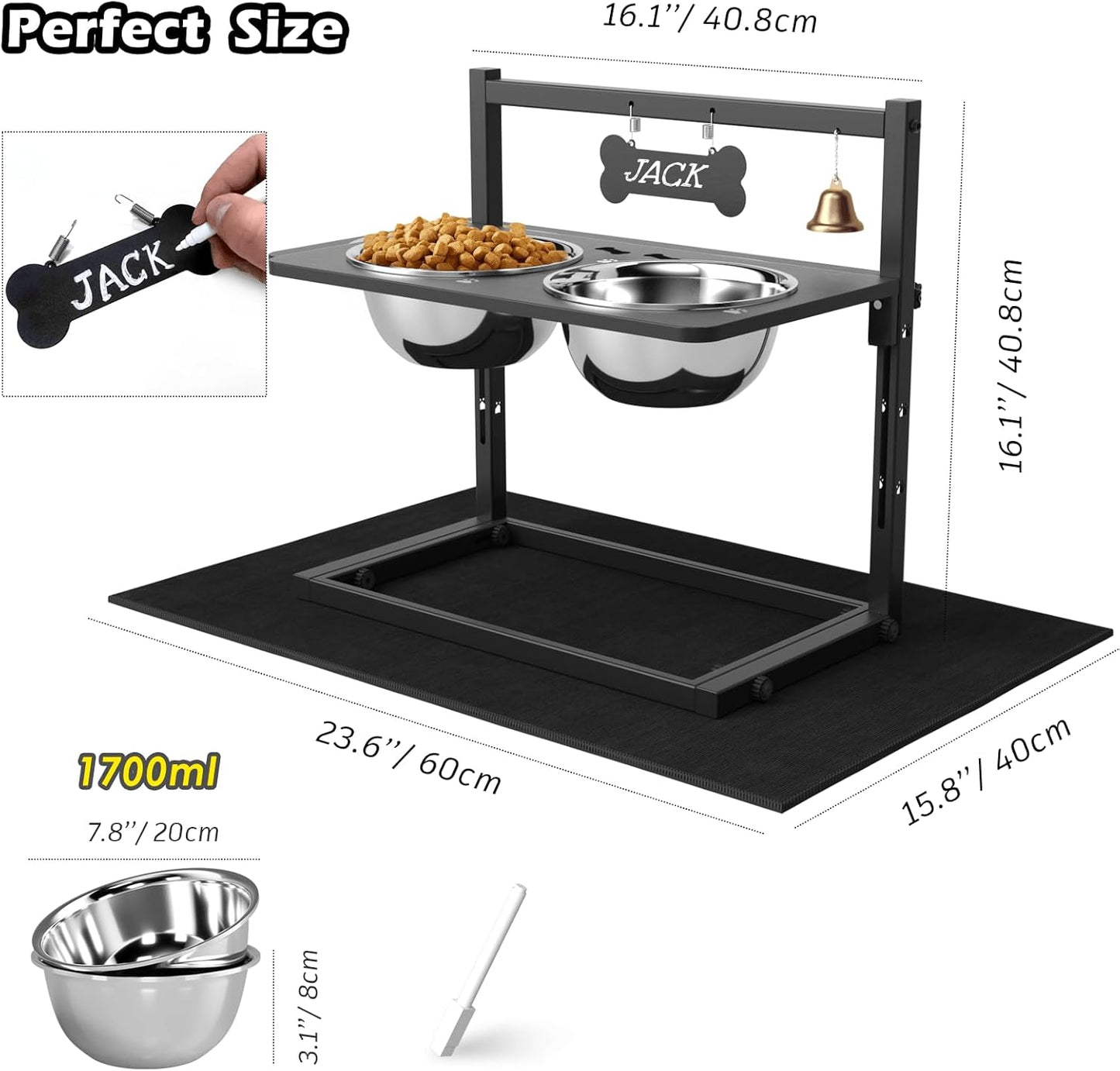 Elevated Dog Bowls With Mat, Adjustable Height 4.3-11.8'', Two 1.7L Stainless Steel Food & Water Bowls, Metal Raised Stand for Large, Medium Dogs