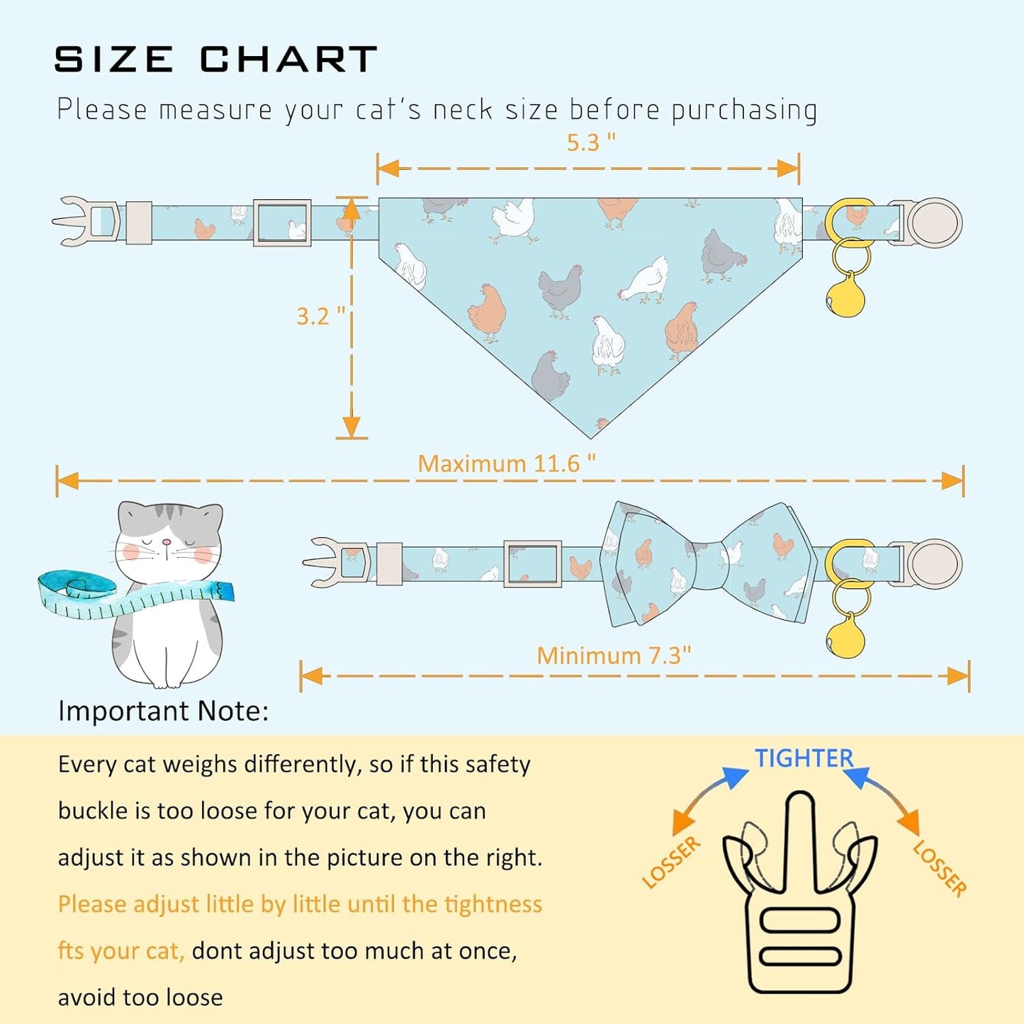 Faygarsle 2 Pack Chicken Pattern Cat Collar Set with Bandana and Bowtie, Light Blue, Breakaway Safety Clasp with Bell