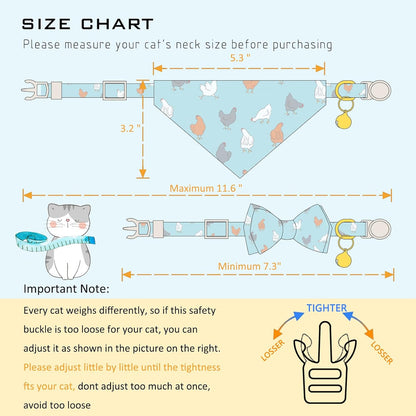 Faygarsle 2 Pack Chicken Pattern Cat Collar Set with Bandana and Bowtie, Light Blue, Breakaway Safety Clasp with Bell