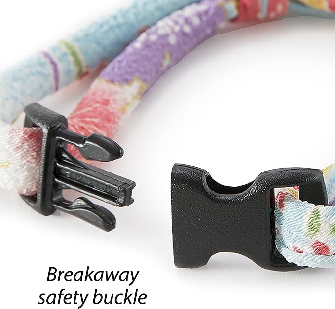 Necoichi Chirimen Cat Collar with Clover Bell (Baby Blue) with Bell Safety Breakaway Soft Lightweight for Cats Kitty Kitten Japanese Stylish Pattern, No.1 Seller in Japan