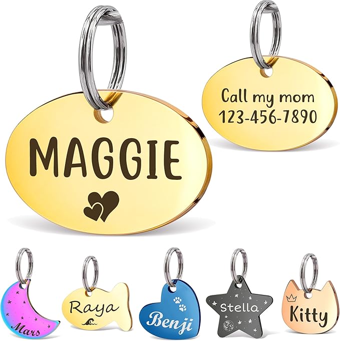 Anavia Small Size Dog Cat ID Tags, Small/XS Personalized Color Plated Stainless Steel Puppy Kitten Name Tags, Customized Engraved Nameplate Pet Collar Tag (Gold, Oval)