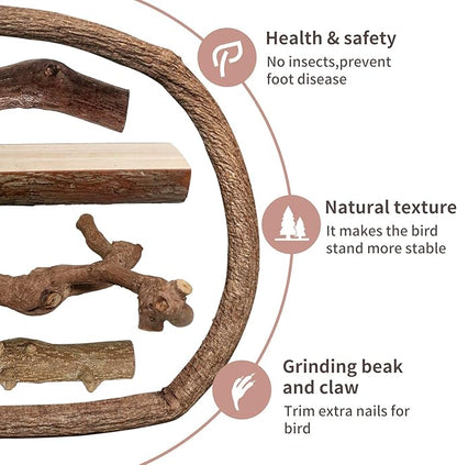 Bird Perches, 5pcs Natural Wood Birds Stand Branch, Bird Perch Chewing Stick Cage Accessories Parrot Climbing Standing Branches Paw Grinding Fork Sets for Cockatiels Ringneck Parrots