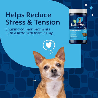 NaturVet Quiet Moments Calming Aid Dog Supplement, Helps Promote Relaxation, Reduce Stress, Storm Anxiety, Motion Sickness for Dogs (Quiet Moments Plus Hemp, 180 Soft Chews)