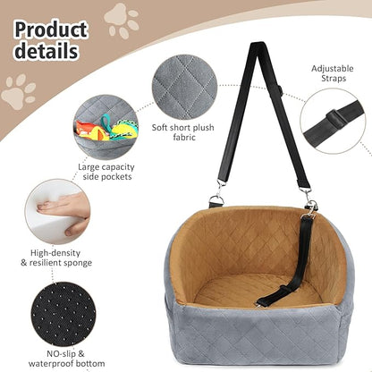 Dog Car Seat for Small Medium Dogs,Detachable Washable Dog Booster Seat Under 30lbs, Pet Car Seat Travel Bed with Storage Pockets and Dog Safety Belt(Grey/Brown)