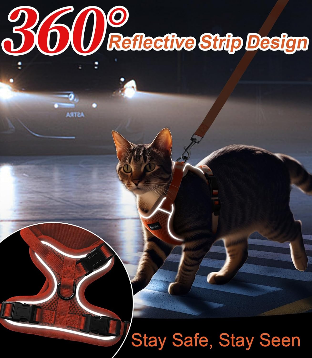 Cat Harness and Leash for Walking Escape Proof Soft Adjustable Cat Leash Breathable Comfortable Vest Easy to Wear Kitten Harness for Outdoor Travel Orange XS