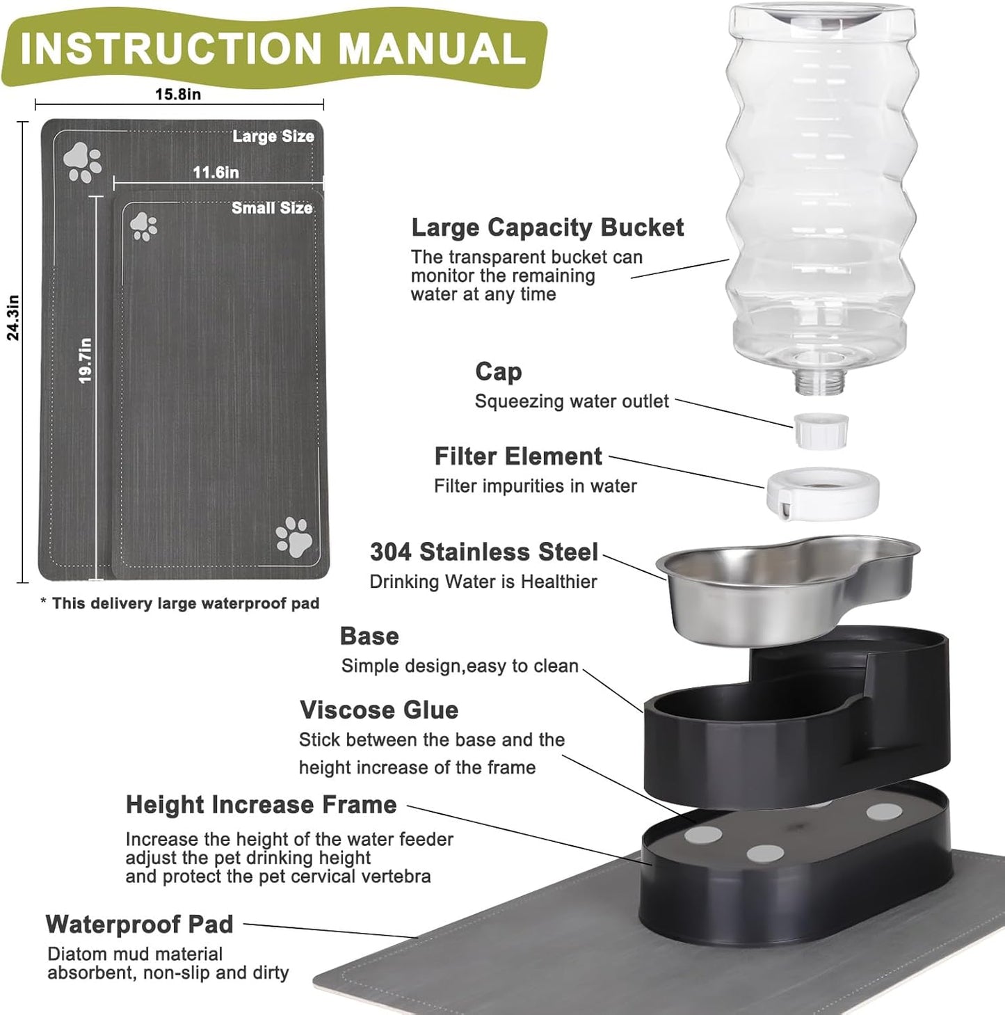 RIZZARI Upgraded Automatic Dog Water Dispenser: 9L Black Gravity Large Stainless Steel Raised Pet Feeder with Filter - Includes 2 Extra Filters & 2 Bottle Caps - Pet Feeder for Dogs Indoor Outdoor