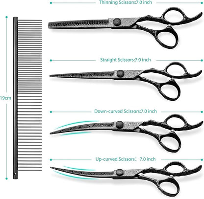 Dog Grooming Scissors,Black with Safety Round Tips,5 in 1 Curved Dog Scissors for Grooming,Professional Pet Grooming Shears Set for Dogs and Cats