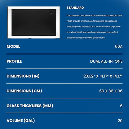 Ultum Nature Systems Dual AIO - Freshwater/Saltwater Compatible All in One Rimless Tank with Triple Chamber Filtration System, Integrated Filter Aquarium w/Leveling Mat - 20 Gallon, 60A, Black