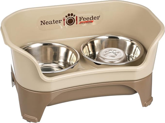 Neater Feeder - Express Model w/Slow Feed Bowl - Mess-Proof Dog Bowls (M/L, Cappuccino) Made in USA –Elevated, No Spill, Non-Tip, Non-Slip, Raised Stainless Steel Food/Water Pet Bowls Aid Digestion