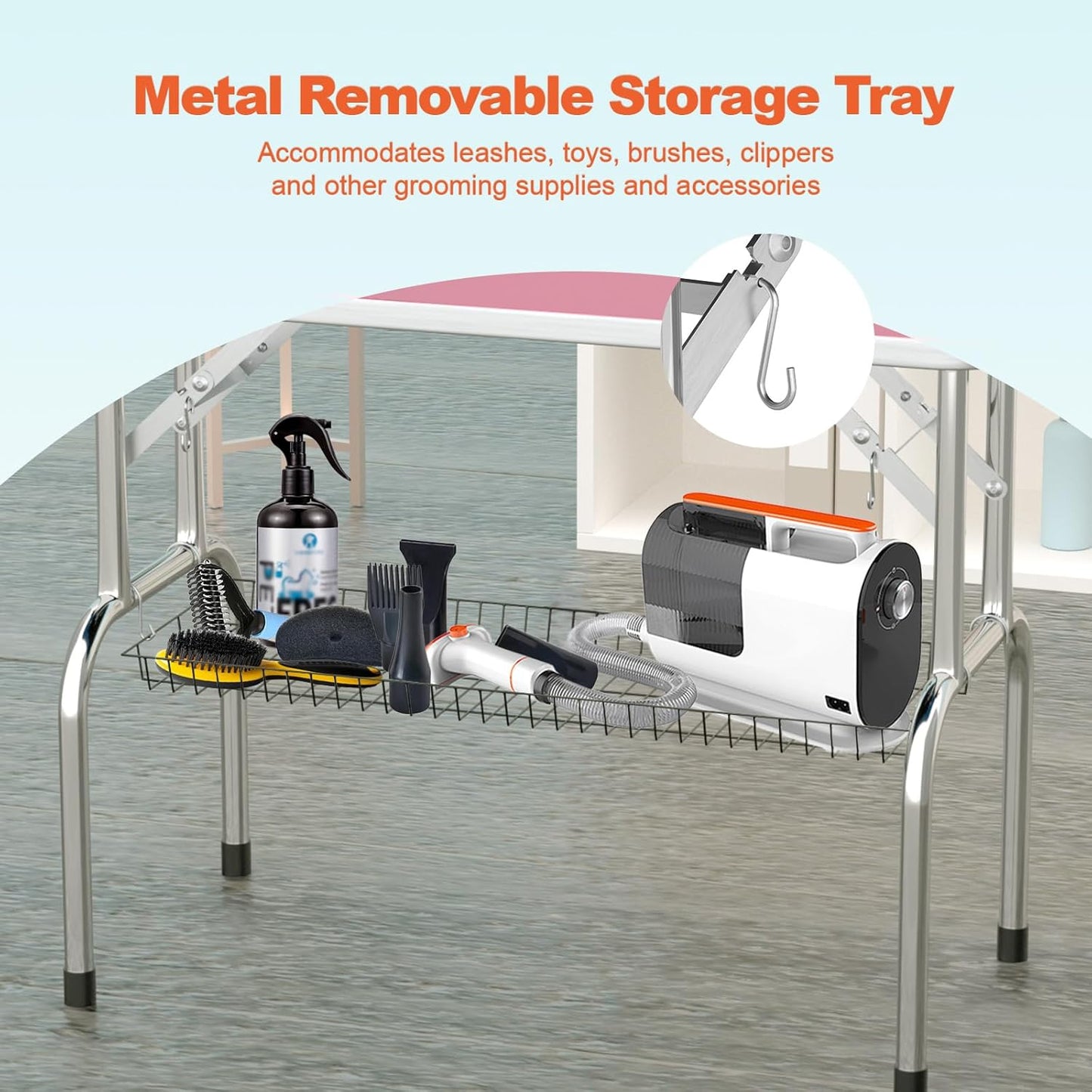 46'' Dog Grooming Table for Large Dogs, Foldable Professional Grooming Table for Dogs at Home with Double Loops/Mesh Tray/Adjustable Arm, Capacity up to 330lbs, Pink