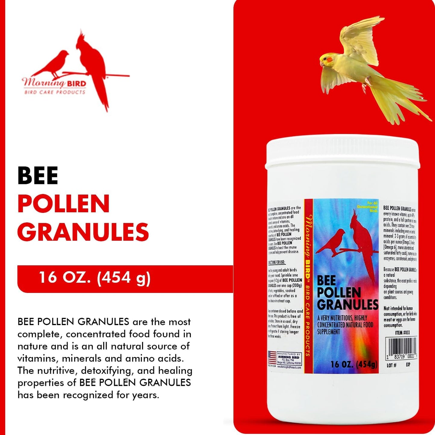 Morning Bird Bee Pollen Granules 16 Oz – Naturally Immune Support & Protein Powder for Birds – Boosts Strength, Feather Health & Energy Supplements – Easy to Mix with Food for All Bird Types