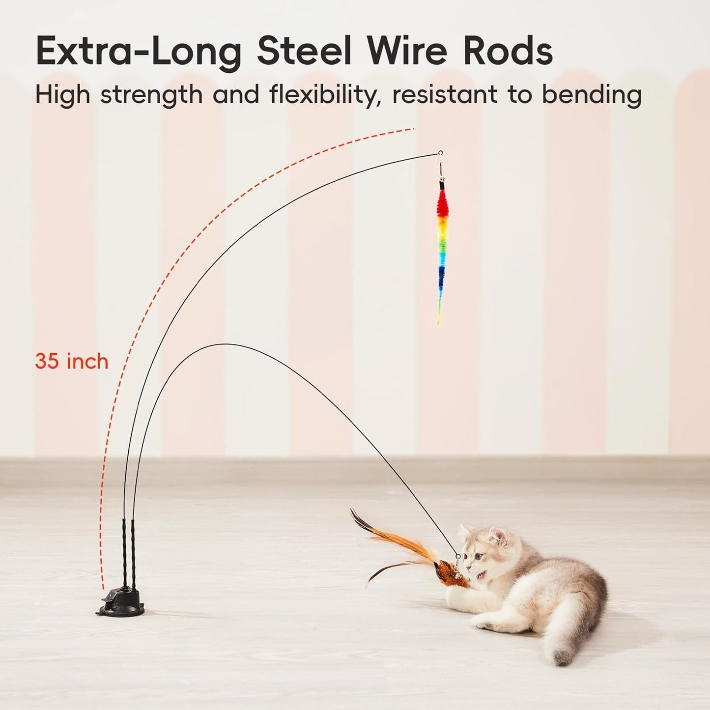 Potaroma Suction Cup Cat Wand Toys, Dual-Wand Interactive Kitten Toy for Indoor Cats with 5 Pcs Feathers Balls Attachments, Charcoal Base