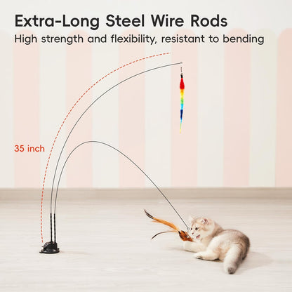 Potaroma Suction Cup Cat Wand Toys, Dual-Wand Interactive Kitten Toy for Indoor Cats with 5 Pcs Feathers Balls Attachments, Charcoal Base