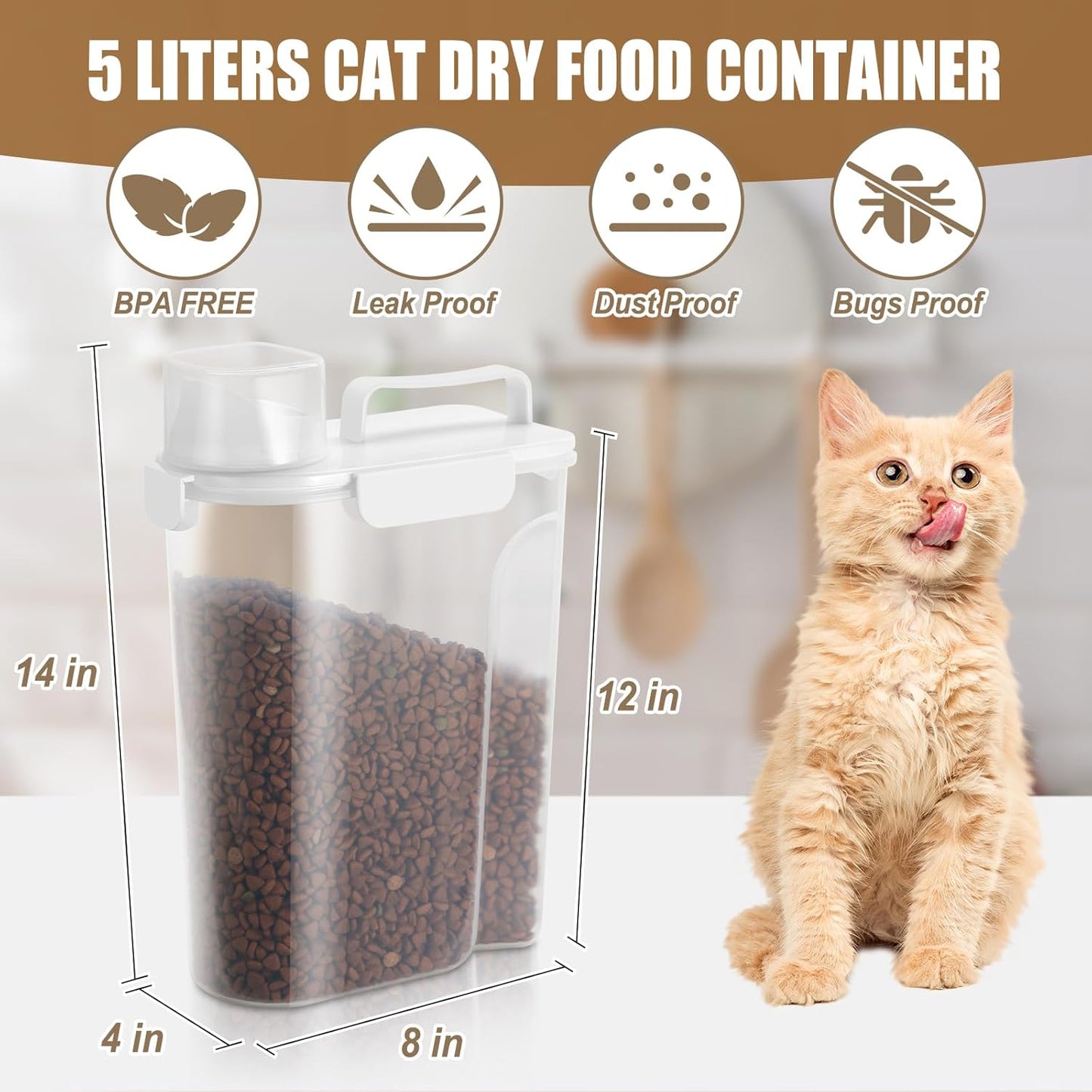 Airtight Cat Dog Food Storage Container 5-7lbs, 5 Liters Pet Dry Food Container with Large Pouring Spout, Cup and Seal Buckles, Travel Food Dispenser for Small Animals, Bird Seed, Puppy, etc.