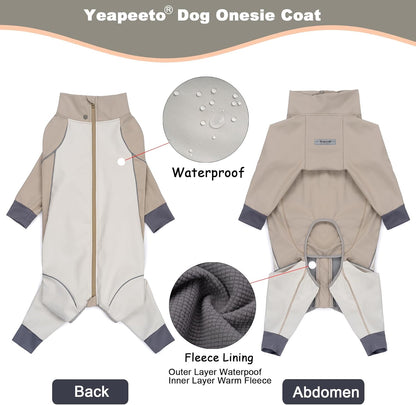 Dog Full Body Winter Coat, Waterproof Fleece Jacket for Small Medium Large Dogs Reflective Snowsuit with Zipper for Outdoor Skating (Beige, 2XL(Weight 23-33 lbs))