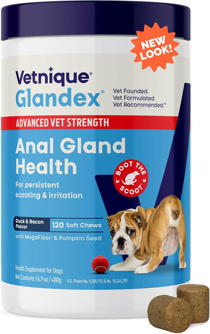 Vetnique Glandex Anal Gland Soft Chew Treats with Pumpkin for Dogs Digestive Enzymes, Probiotics Fiber Supplement for Dogs Boot The Scoot (Advanced Strength Duck/Bacon Chews (Vegetarian), 120 Ct)