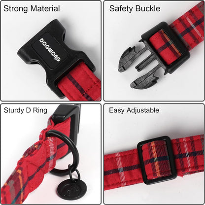 DOGWONG Christmas Cotton Dog Collar, Heavy-Duty Red Plaid Dog Collar Durable Soft Fabric Pet Dog Collars Cute Christmas Red Grid Puppy Necklace for Small Dogs