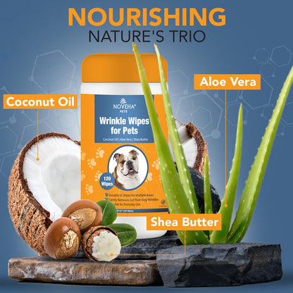 NOVEHA 120PCs - 5”x7” Large Dog Wipes | Wipes for Bulldog, French Bulldog, Pug, English Bulldog | Deodorizing, for Multiple Areas Removes Dirt, Wrinkles, Folds, Tear Stain, Tail Pockets & Paws