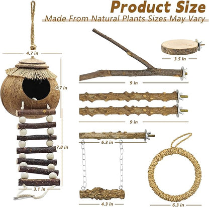 7PCS Bird Perches, Coconut Nest Hut with Ladder, Bird Swing and Stand for Small and Medium-Sized Parakeets, Conures and Budgies, Parrot Cockatiels Budgie Conure Finches Lovebirds