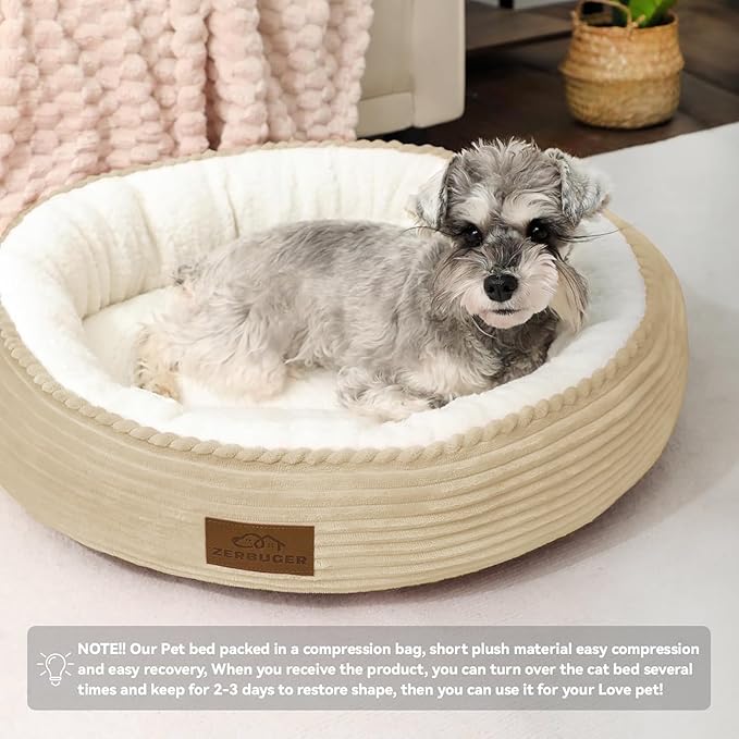 20in Camel Round Cat Dog Bed Gift for Large Medium Small Dogs Cats, Machine Washable Sleeping Sofa, Non-Slip Bottom Breathable Soft Calming Pet Cuddler for Indoor/Outdoor/Car/Cage