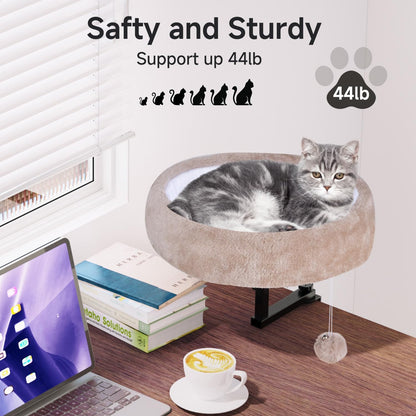 Cat Desk Bed - 360° Rotating & Adjustable, Supports 44 lbs, Soft Faux Fur with Dual-Sided Reversible Mat, Modern Indoor Cat Nest Furniture for Office Desks and Game Tables, Island Table
