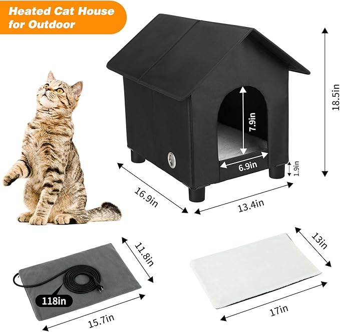 BWOGUE Elevated Heated Cat House for Outdoor Cats in Winter, Waterproof & Insulated Feral Cat Shelter for Outside Cats,Weatherproof Feral Cat House for Outside(Black)