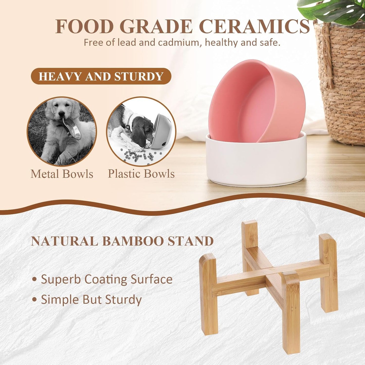 LIONWEI LIONWELI Ceramic Raised Dog Bowls, Medium - Set of 2 - Non Slip Wood Stand - Anti Vomiting - 850 ml - White