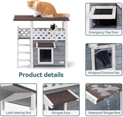 Petsfit Outdoor Cat House Weatherproof, Wooden Outside Feral Cat Shelter with Stair, 2 Story Cat Houses for Indoor Cats Small Dogs with Escape Door(Gray)