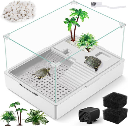 Large Turtle Tank Kit(Tank + Water Pump), Acrylic Turtle Tank Starter Kit with Two Rain Shower Head, Adjustable Water Pump, Higher Fences (S)